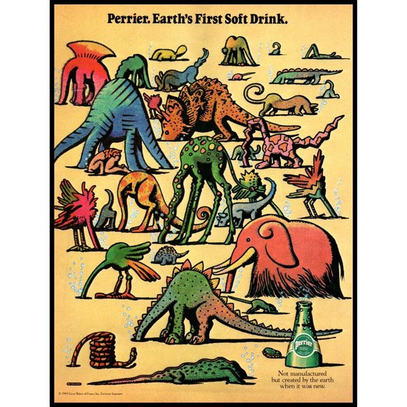 1984 Perrier Naturally Sparking Mineral Water Vintage Print Ad Dinosaur Cartoon - Picture 1 of 1